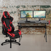 Flash Furniture BLN-X30D1904-RD-GG Black Gaming Desk and Red/Black Footrest Reclining Gaming Chair Set with Cup Holder, Headphone Hook & 2 Wire Management Holes